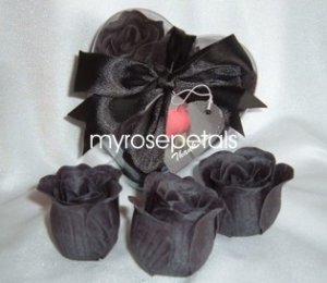 Scented Rose Shaped Soaps in Heart Box - Black - with Satin Ribbon- Wedding Favors