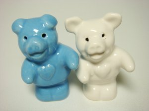 Ceramic Salt & Pepper Shakers Blue & White Pig Hug