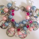 OOAK Handcrafted Altered Art Fairy Dragonflies Pink & Blue Silver Charm Bracelet