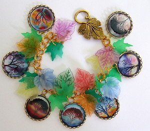 Altered Art Fall Fantasy Trees with Frosted Leaves Brass Charm Bracelet OOAK