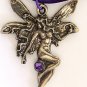 Pewter Fairy on Purple Ombre Satin Cord with Purple Crystal 24" Necklace