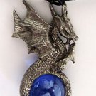 Pewter Dragon Pendant holding Blue Crystal Ball on 24" Black Leather Cord