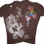 V Neck S/S Rhinestone Heart/Dagger T Shirt