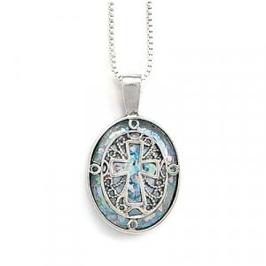 Oval Ancient Roman Glass Cut Out Cross Necklace(5472)