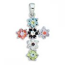 Rhodium Plated Multicolor CZ Flower Cross Pendant(72370)