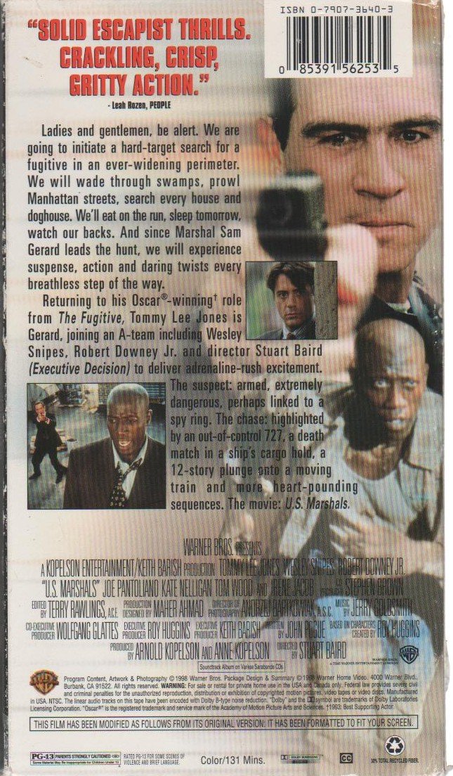 U.S. Marshals (VHS) Tommy Lee Jones, Wesley Snipes, Robert Downey Jr