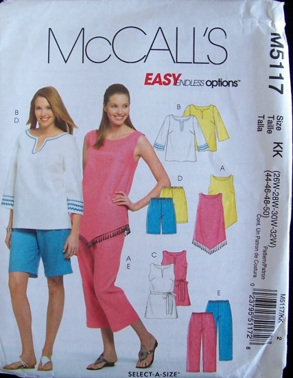 McCallâs 5117 Womenâs Plus Size Capri Pants Shorts Long Top Sewing Pattern Uncut 26W-32W