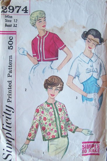 Vintage 50s Simplicity 2974 Cropped Bolero Jacket Pattern Size 12