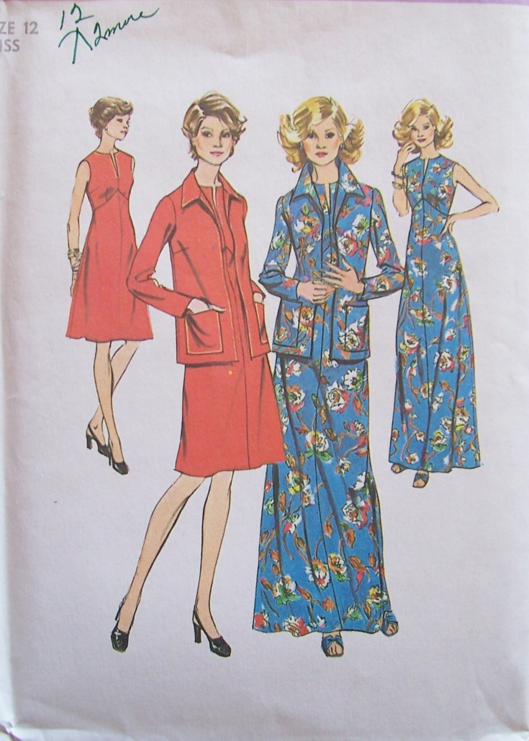 Vintage 70s Simplicity 6559 Sleeveless Maxi Dress And Jacket Pattern Uncut Size 12 Slit Neckline 4220