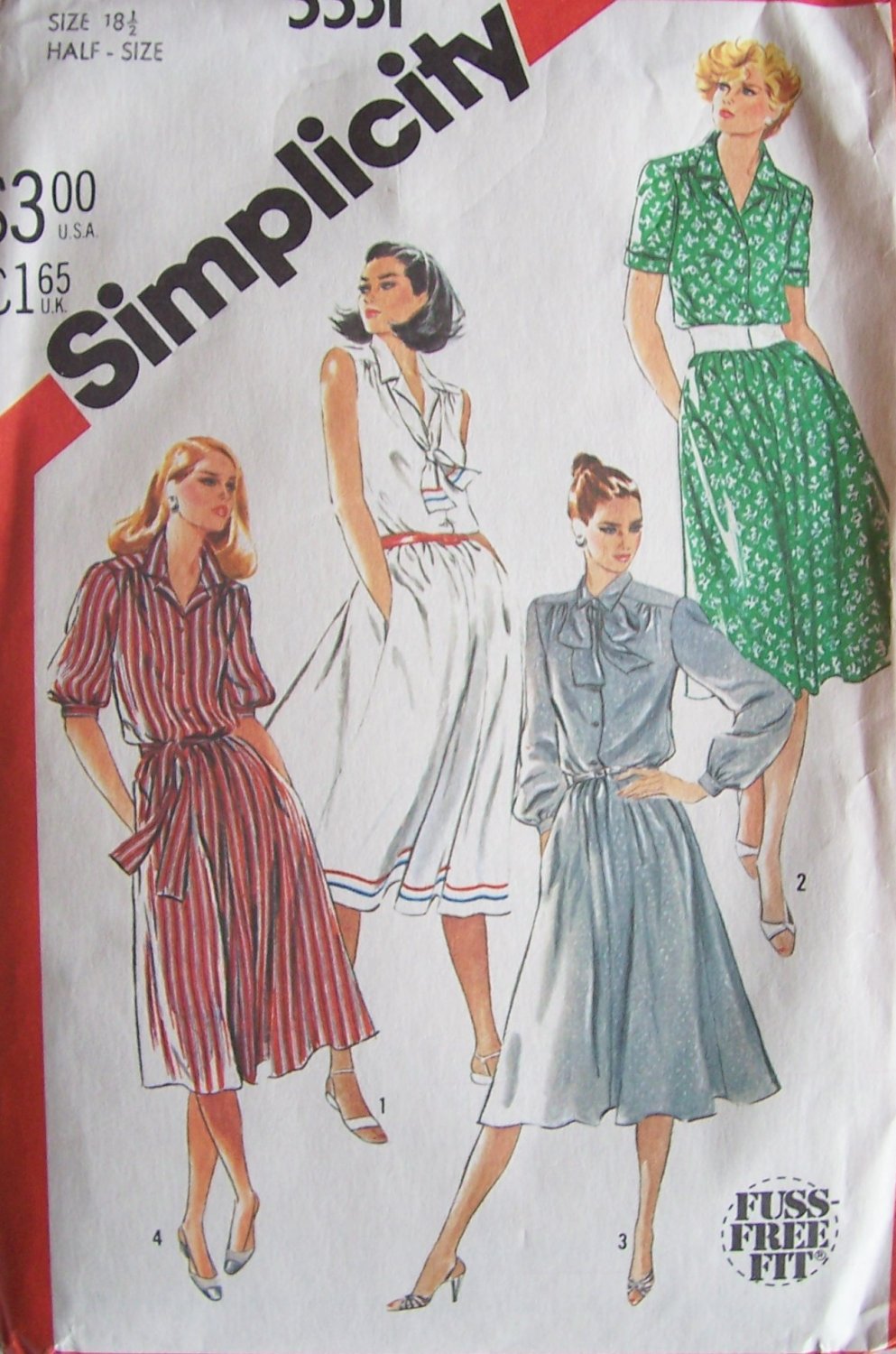 Retro 80s Simplicity Shirtdress Pattern Sleeve Variations Uncut Size 18 ½