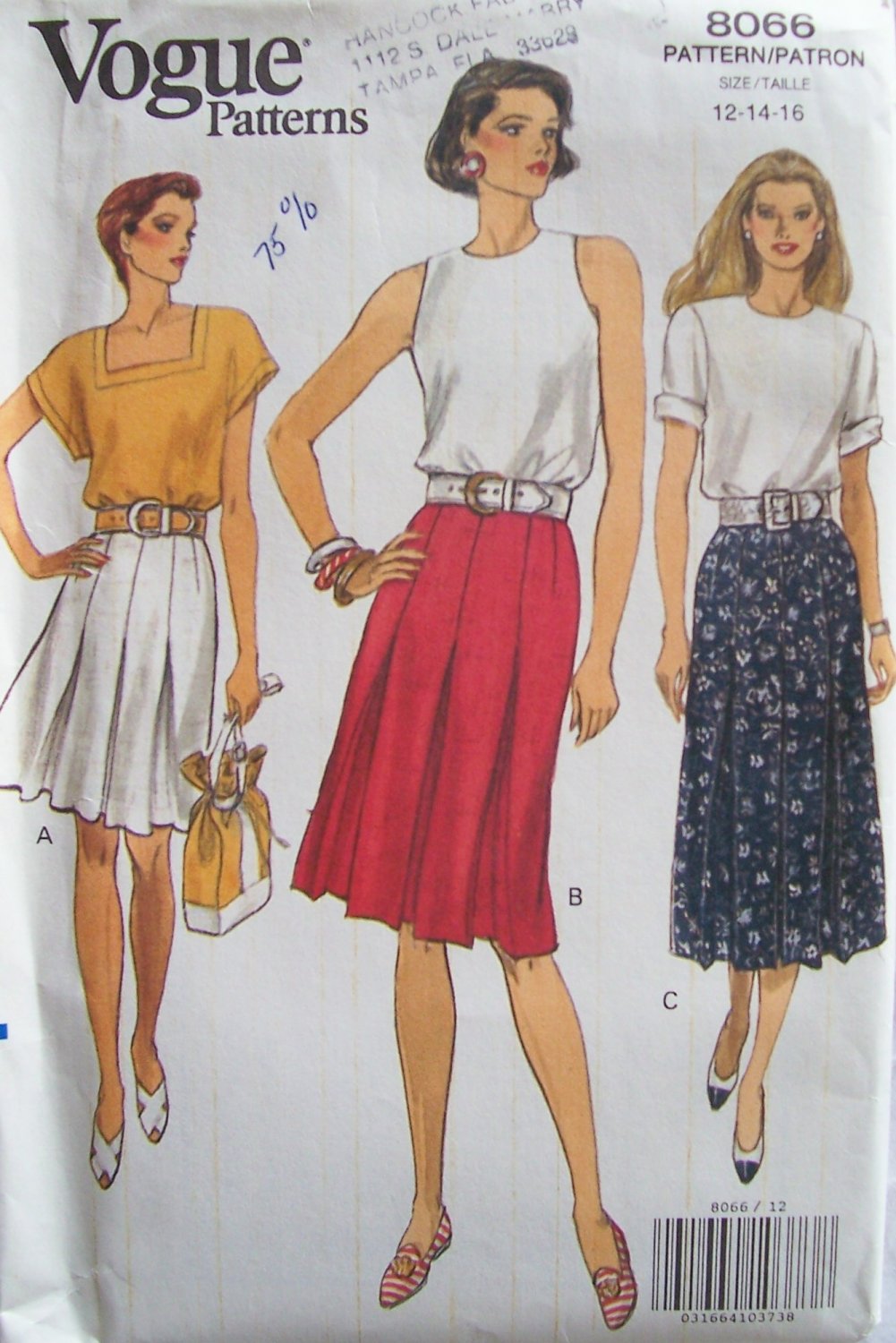 Vogue 8066 Pleated ALine Skirt Pattern Short or Below Knee Length