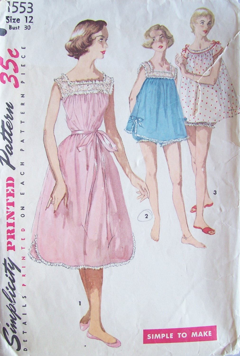 Vintage 50s Simplicity 1553 Baby Doll Nightgown and Panties Sewing ...