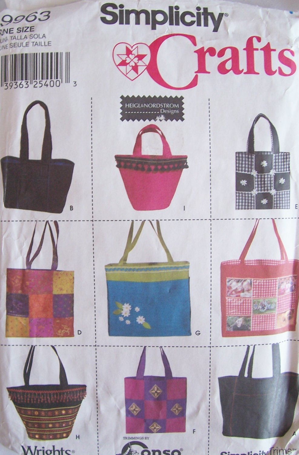 Simplicity 9963 Shoulder Tote Bags Pattern Uncut Heigl and Nordstrom