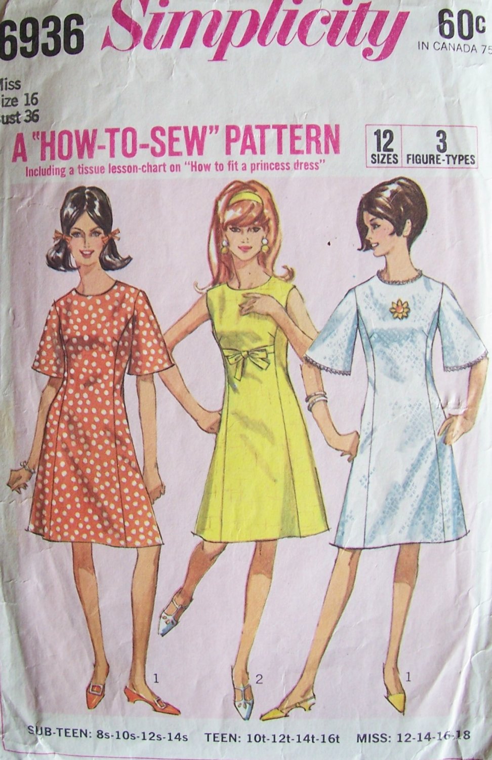 Vintage 60s Simplicity 6936 Bell Sleeve Princess Seam A Line Dress