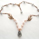 18k Rose Gold Birds Black Rutilated Quartz & Pearl Necklace