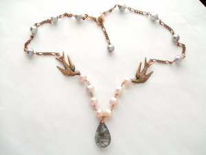 18k Rose Gold Birds Black Rutilated Quartz & Pearl Necklace