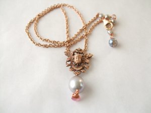 Rose Gold Vermeil Cherub in Shield with Pearl & Tourmaline Necklace