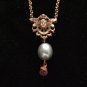 Rose Gold Vermeil Cherub in Shield with Pearl & Tourmaline Necklace