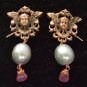 18k Rose Gold Vermeil Cherub in Shield with Pearl & Tourmaline Earring