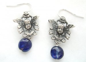 Silver Vintage French Cherub-in-Shield & Iolite Earrings