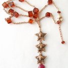 18k Rose Gold Vermeil Triple French Star with Ruby & Amber Necklace