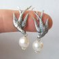 Silver Vintage French Birds (L+R) and Pearl Earrings