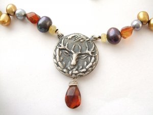 Sterling Silver Deer Stag Medallion with Pearl & Citrine Necklace