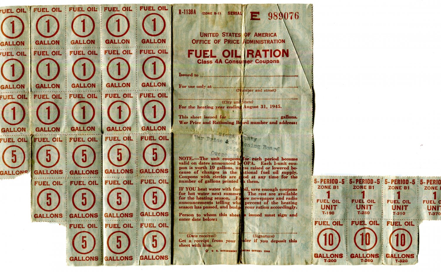 WWll Fuel Oil Ration Coupons Class 4A Vintage 1945