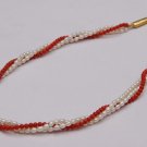 Pearls Chain of One Coral Line & Two Rice Pearls Line