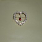 Avon Faux Pearls Ruby Rhinestone Heart Brooch
