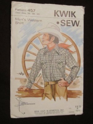 Vintage Kwik Sew Pattern # 457 Mens Western Cowboy Shirt Size 36 38 40