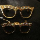 VINTAGE SET OF TWO 1960's CAT EYE GLASSES SCATTER PINS / BROOCHES w RHINESTONES Free Shipping