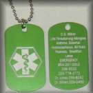 Green Medic ID Necklace/Medical History Alert - ENGRAVED FREE