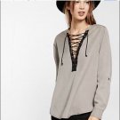 Express Burn Out Lace Up Blouse Stone Gray S NWT