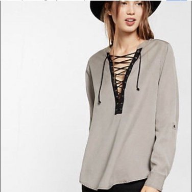 Express Burn Out Lace Up Blouse Stone Gray S NWT