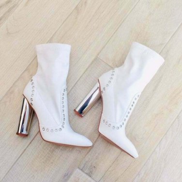 Wild Diva WHITE GROMMET BOOT SIVER HEELS Booties Boots Heeled Boots NEW