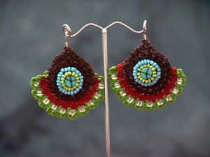 Green/Brown Handmade Crochet Beaded Hoop Gypsy Boho Hippie Earrings
