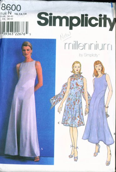 Simplicity #8600 MILLENNIUM Dress 7 Scarf Pattern 10-12-14 UNCUT