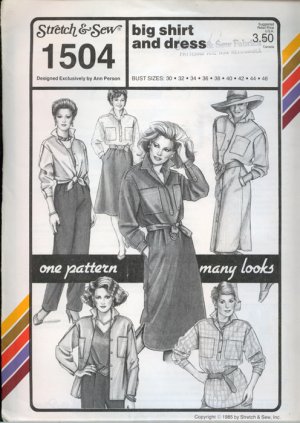 Vintage 80s Stretch & Sew 1504 Big Shirt and Dress UNCUT Bust Size 30-46