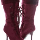 Purple Suede Lace Up Fur Pointed Heel Boots