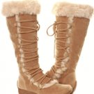 Suede Lace Up Fur Round Toe Low Wedge Boots