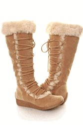 Suede Lace Up Fur Round Toe Low Wedge Boots