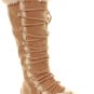 Suede Lace Up Fur Round Toe Low Wedge Boots