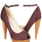 Brown Satin Peep Toe Platform Ankle Strap Pump