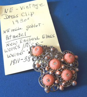 New England Glass Works vintage dress clip - coral silver gold