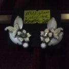 Enameled, rhinestone and milk glass Vintage clip earrings - silvertone