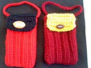 Hand crocheted mini purse - this one is dark red and yellow with a football decoration