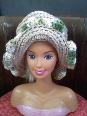 Crocheted child hat tans/greens- wear to play, go to Grandma's or on doll, bear