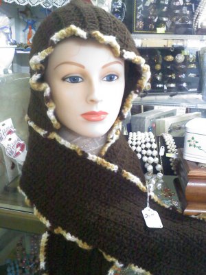 Crocheted hat/hood scarf - brown - size medium