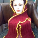 Hand Crocheted hat/hood scarf - burgundy and gold in medium